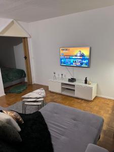 吕登沙伊德Zentral gelegenes Apartment - DSL, Küche, Balkon, Parkplatz的客厅设有壁挂式平面电视。