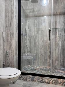 马泰拉Dimore Pietrapenta Apartments, Suites & Rooms - Via Lucana 223, Via Piave 23, Via Chiancalata 16的浴室设有玻璃淋浴间和卫生间