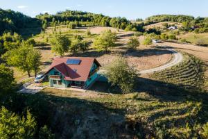Valea TîrneiRose Hip Hill Guesthouse的享有带太阳能屋顶的房子的顶部景色