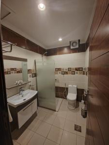 吉赞فندق تـاج النخبة - Taj Nakhba Hotel的带淋浴、盥洗盆和卫生间的浴室