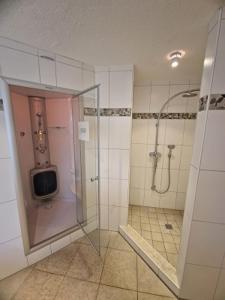内贝尔Inselhotel Kapitän Tadsen / Amrum的设有带步入式淋浴间和步入式淋浴间的浴室