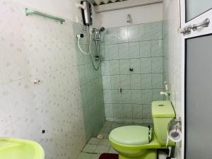 代尼耶耶Sinharaja Tour Hostel的一间带绿色卫生间和淋浴的浴室