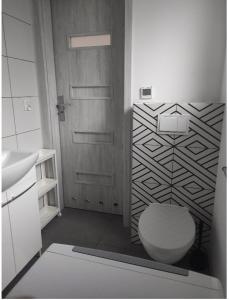 格里兹鲍Domki na Polnej的白色的浴室设有卫生间和门