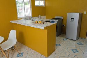 SacalumSaak Luúm Ruta Puuc的黄色的厨房配有柜台和冰箱