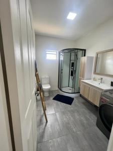 格兰高伯Villa Le Ravenale - 2 Bedrooms的带淋浴、卫生间和盥洗盆的浴室