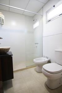 马拉圭Hotel Terra Patagonia的浴室配有卫生间、淋浴和盥洗盆。