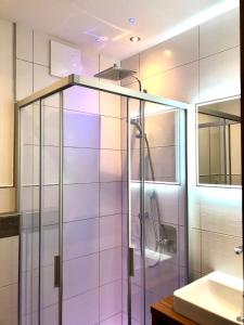 普法尔韦尔芬沃卡里奥旅馆的一个带水槽的玻璃淋浴间