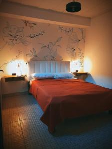 贝伦Alojamiento Belen Catamarca的一间卧室配有一张大床和红色的床罩