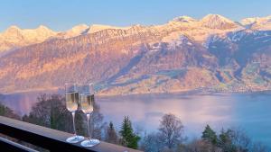贝阿滕贝格Hotel Gloria的两杯酒杯坐在俯瞰湖泊的树 ⁇ 上