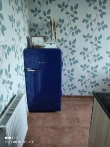 维斯马Ferienwohnung Henny的墙上的蓝色冰箱