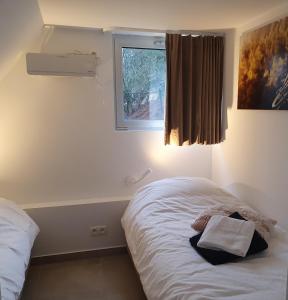 马尔梅迪Aux 4 vents - Malmedy的一间小卧室,配有一张带窗户的床
