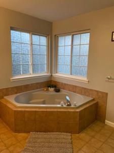 BlakesleeQuiet Private House w Hot Tub/Fire pit/Games的带2扇窗户的浴室内的大浴缸