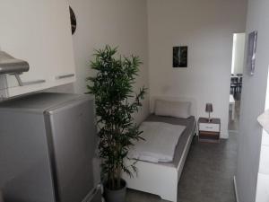 科隆Wohnung in Köln 1B的一间有床的房间,里面装有两株植物