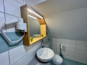 克拉尼斯卡戈拉Hotel ŠURC的浴室设有白色的卫生间和镜子