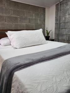 埃雷迪亚Casa del Café - Loft的卧室配有白色的砖墙床