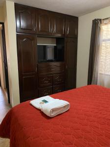 克萨尔特南戈Apartamento #4 Portal de Occidente的一间卧室配有一张床和一个橱柜,上面有毛巾