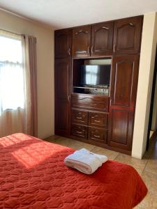 克萨尔特南戈Apartamento #3 Portal de Occidente的一间卧室配有一张床和一个带电视的橱柜