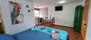 安加罗阿Henua Roa Loft的一间带蓝色床的客厅和一间厨房