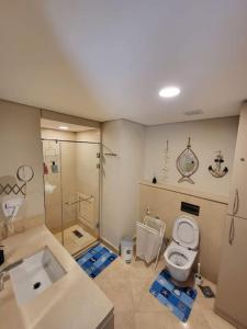 赫尔格达Mangroovy Ritzy, Cerulean appartement by the pool的浴室配有卫生间、淋浴和盥洗盆。