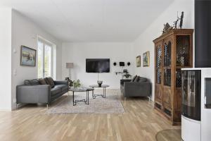 哥德堡Modernt hus med parkeringsplatser och trädgård的带沙发和平面电视的客厅