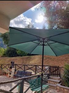 罗卡迪坎比奥Appartamento Residence Monte D'Ocre的天井上的绿色遮阳伞和两把椅子