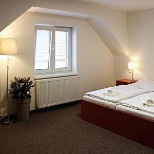 JenečUbytování u Smrku的一间卧室设有一张带窗户和窗户的床。