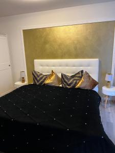 皮尔纳Appartement im Funkenhöfchen的一间卧室配有带金色枕头的黑色床