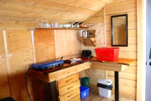 L’Anse-au-Griffon格里芬艳遇木屋旅舍的小木屋内的木制客房 - 带书桌