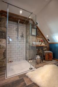 波特里The Lodge in the Loch的一间带玻璃淋浴间和水槽的浴室