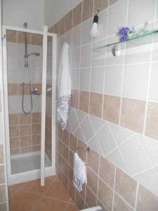 阿尔巴塔克斯Casa Vacanze lOlivastro的带淋浴的浴室和瓷砖墙