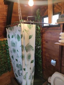 SaquisilíAlpina Glamping en Latacunga的浴室设有绿植的浴帘