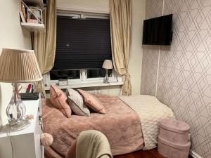 奥斯陆Oslo City Apartment的卧室配有带枕头的床铺和窗户。