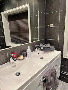 奥斯陆Oslo City Apartment的浴室设有白色水槽和镜子