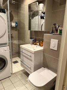 奥斯陆Oslo City Apartment的浴室配有卫生间、盥洗盆和淋浴。