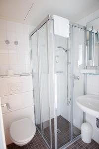 美因河畔法兰克福塞内特酒店的带淋浴、卫生间和盥洗盆的浴室