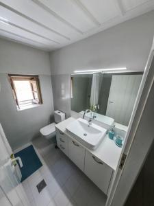 莫奈姆瓦夏Κyma Mansion in Monemvasia的一间带水槽、卫生间和镜子的浴室