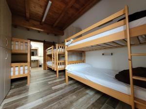 洛雷多La Cala Hostel的一间卧室设有三张双层床,铺有木地板。