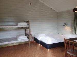 ÅnäsetLufta Camping & Restaurang的客房设有两张双层床和一张桌子。