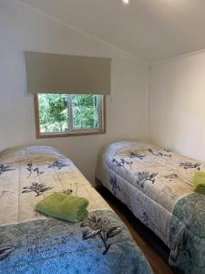 比亚里卡Cabañas Mahuida的一间卧室设有两张床和窗户。