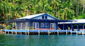 博卡斯德尔托罗MISTY MOONLIGHT VILLAS的水面上的一个蓝色房子
