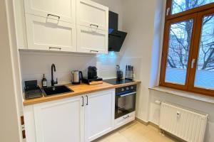 开姆尼茨Business-Apartment - Citynah, WLAN, Drucker, Netflix & Parken的厨房配有白色橱柜、水槽和窗户。