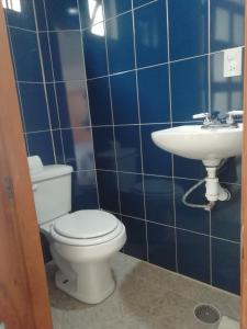 瓜纳华托Casa Caracol Guanajuato的蓝色瓷砖浴室设有卫生间和水槽