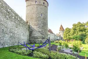 塔林Old Town Tallinn Luxury Residence的前面有一个蓝色的带子的城堡