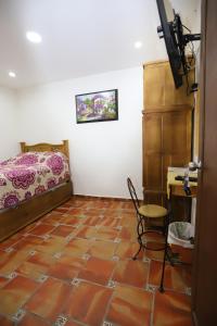 瓜达拉哈拉Hotel Boutique Casa Elefante的卧室配有1张床、1张桌子和1把椅子