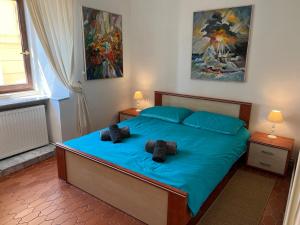 奥帕提亚Apartment Mirna - what you see is what you get的一间卧室配有蓝色的床和两个枕头