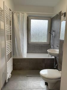HerscheidWohnung in Herscheid的浴室配有卫生间、浴缸和水槽。