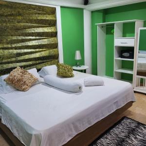 长滩岛长滩岛绿猴度假酒店的卧室配有白色大床和绿色墙壁