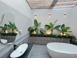 头顿Sea House Hotels and Apartments的带浴缸、两个水槽和植物的浴室