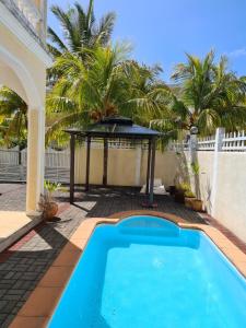 佩雷贝勒EHolidays Villa的后院的游泳池,种植了棕榈树,设有桌子