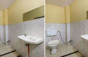 坎普尔Hotel Aditya Palace By WB Inn的浴室的两张照片,配有卫生间和水槽
